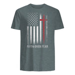 Christian US USA Flag American Christ Faith Over Fear Cross T-Shirt in Dark Heather - back view