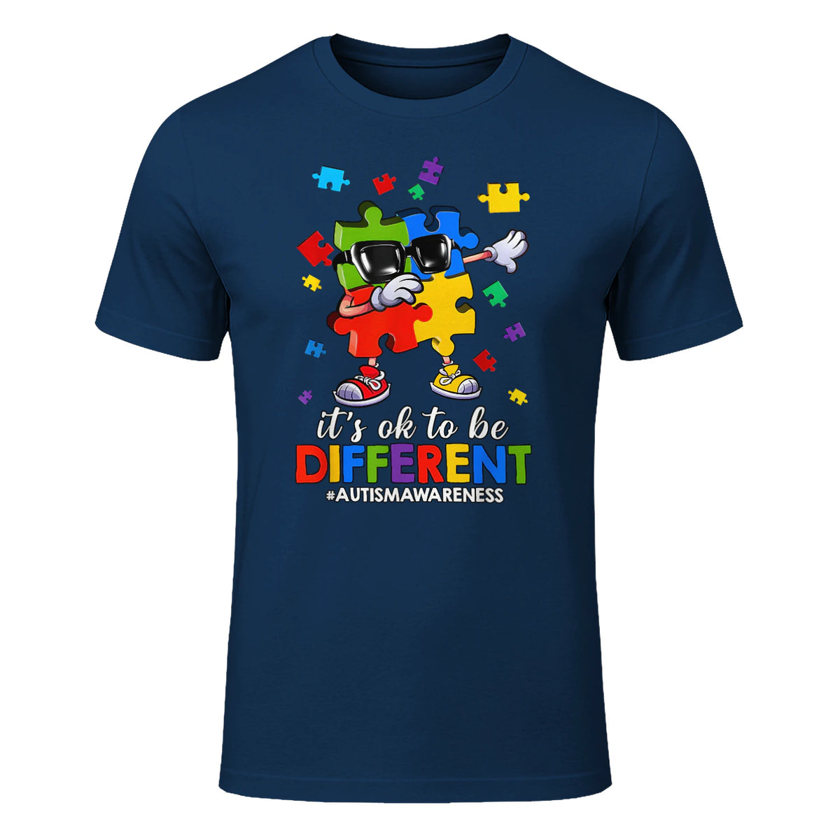 It's OK to Be Different Dabbing Puzzle Autism Awareness Kids in Navy - front view