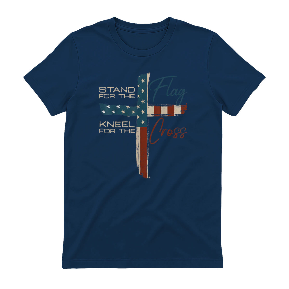 USA Flag Religious Quote Fourth of July Christian Faith T-Shirt in Navy - back view