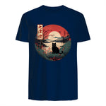 Japanese Red Sunset and Black cat Kanji Japan art T-Shirt in Navy - back view