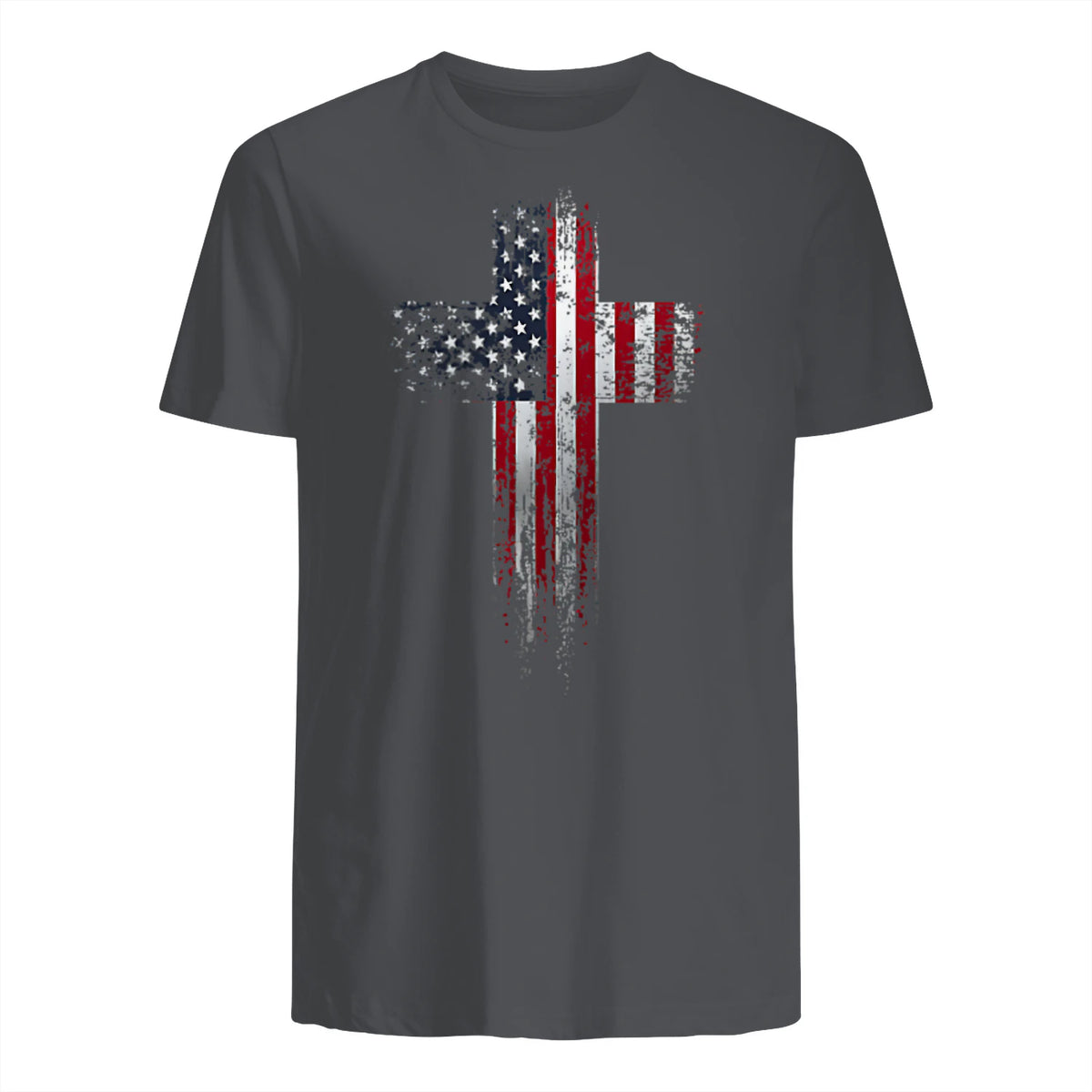 American USA Flag Christian Cross T-Shirt in Charcoal - back view