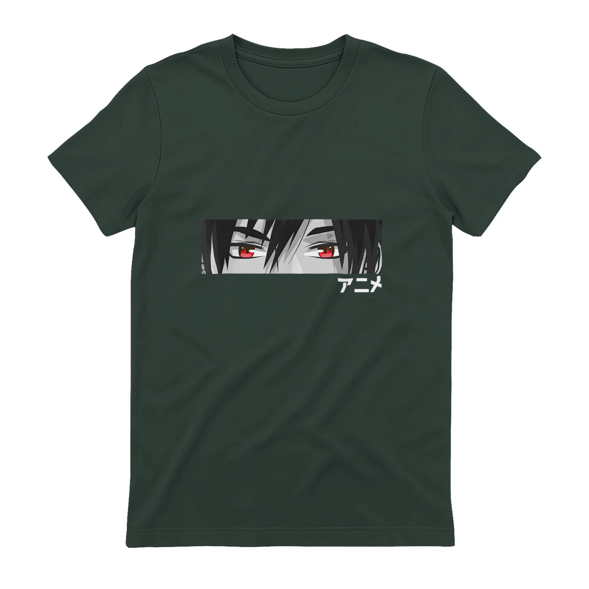 Anime in Japanese Characters Kawaii Eyes Face Short Sleeve in Forest Green - back view