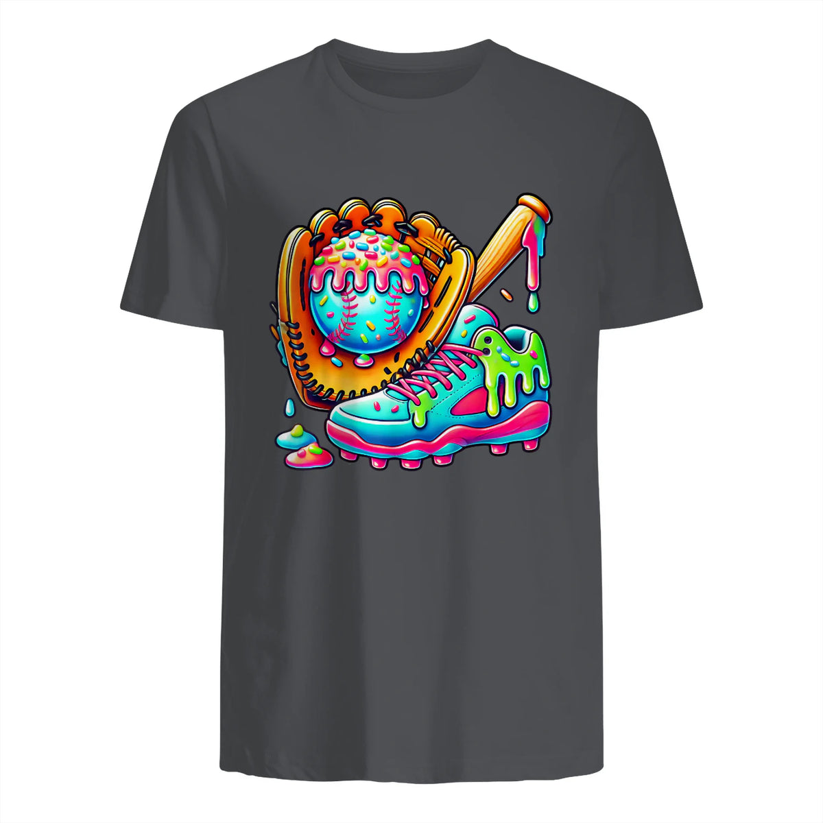 Ice Cream Drip Baseball Stuff Baseball Drip for Boys Graphic T-Shirt in Charcoal - back view