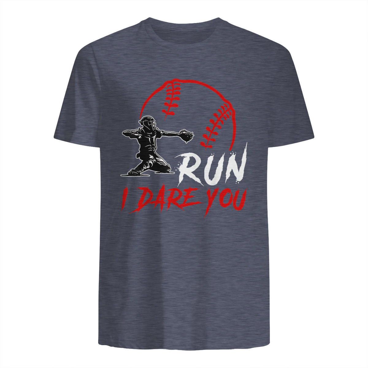 Run Steal I Dare You Humor Baseball Catcher Vintage T-Shirt in Heather Navy - back view