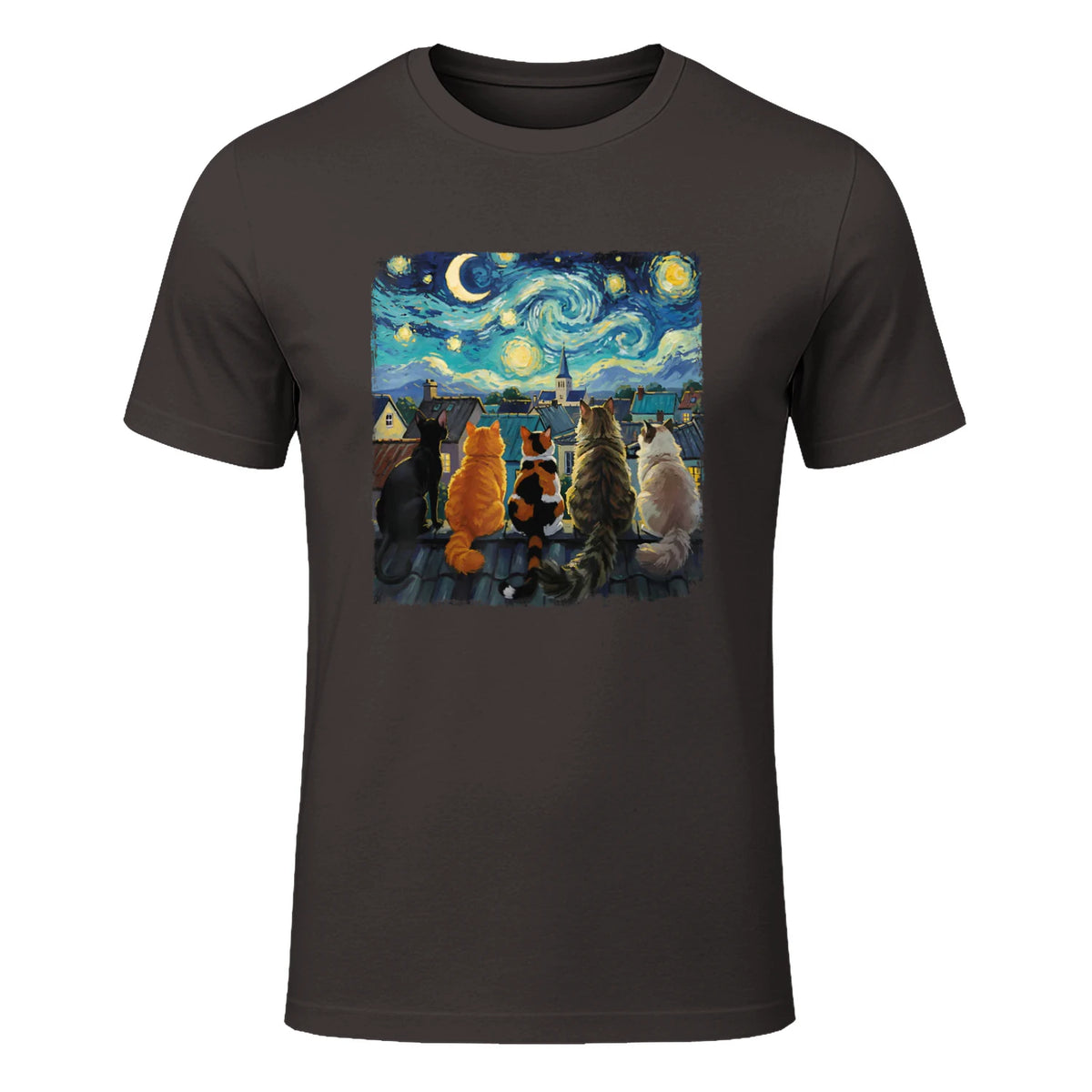 Funny Cat Starry Night Van Gogh Cats Rooftop Scene Feline T-Shirt in Dark Chocolate - front view