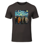 Funny Cat Starry Night Van Gogh Cats Rooftop Scene Feline T-Shirt in Dark Chocolate - front view