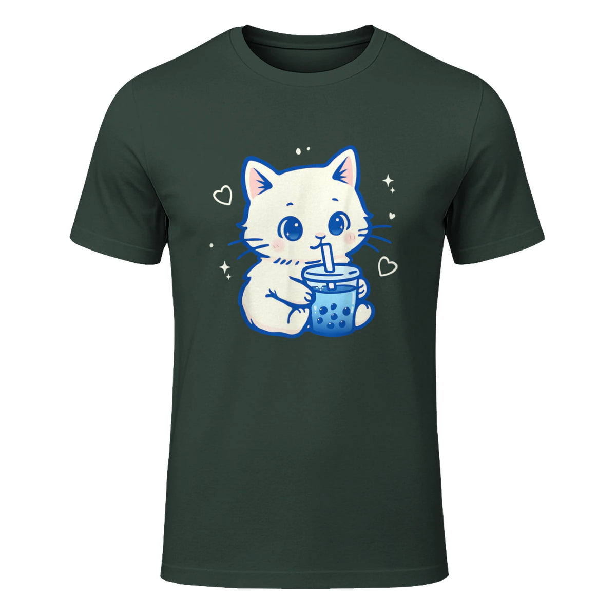 Kawaii Cat Boba Japanese Cute Aesthetic Anime Girls Teens T-Shirt in Forest Green - front view