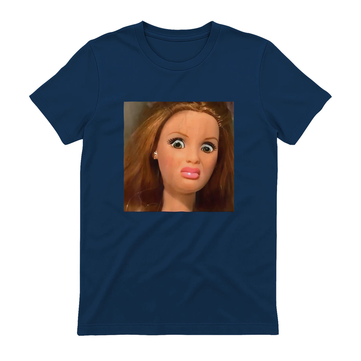 Funny Doll Face Meme Expression Hilarious Sarcastic in Navy - back view