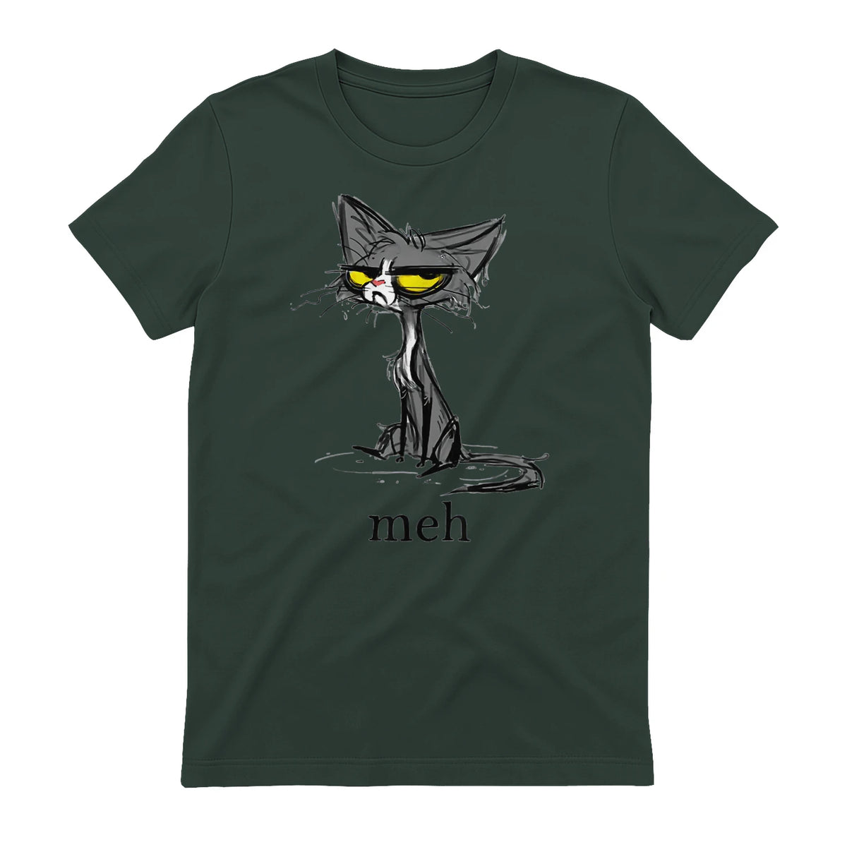 Funny Meh Cat Gift for Cat Lovers in Forest Green - back view