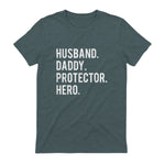 Husband daddy protector hero T Shirt cool father dad tee in Dark Heather - back view