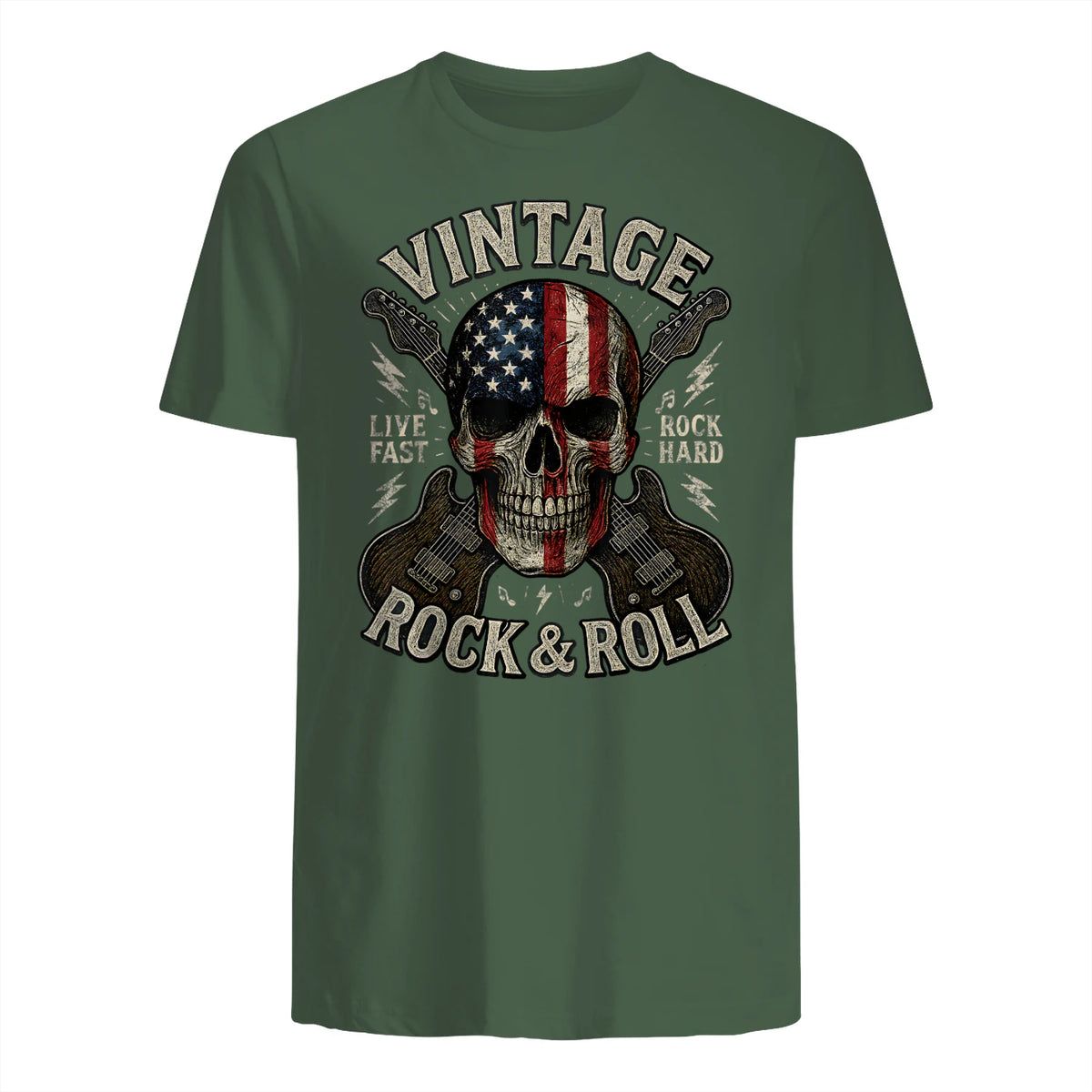 Vintage Rock Skull American Flag Guitar Retro Rock and Roll T-Shirt in Military Green - back view