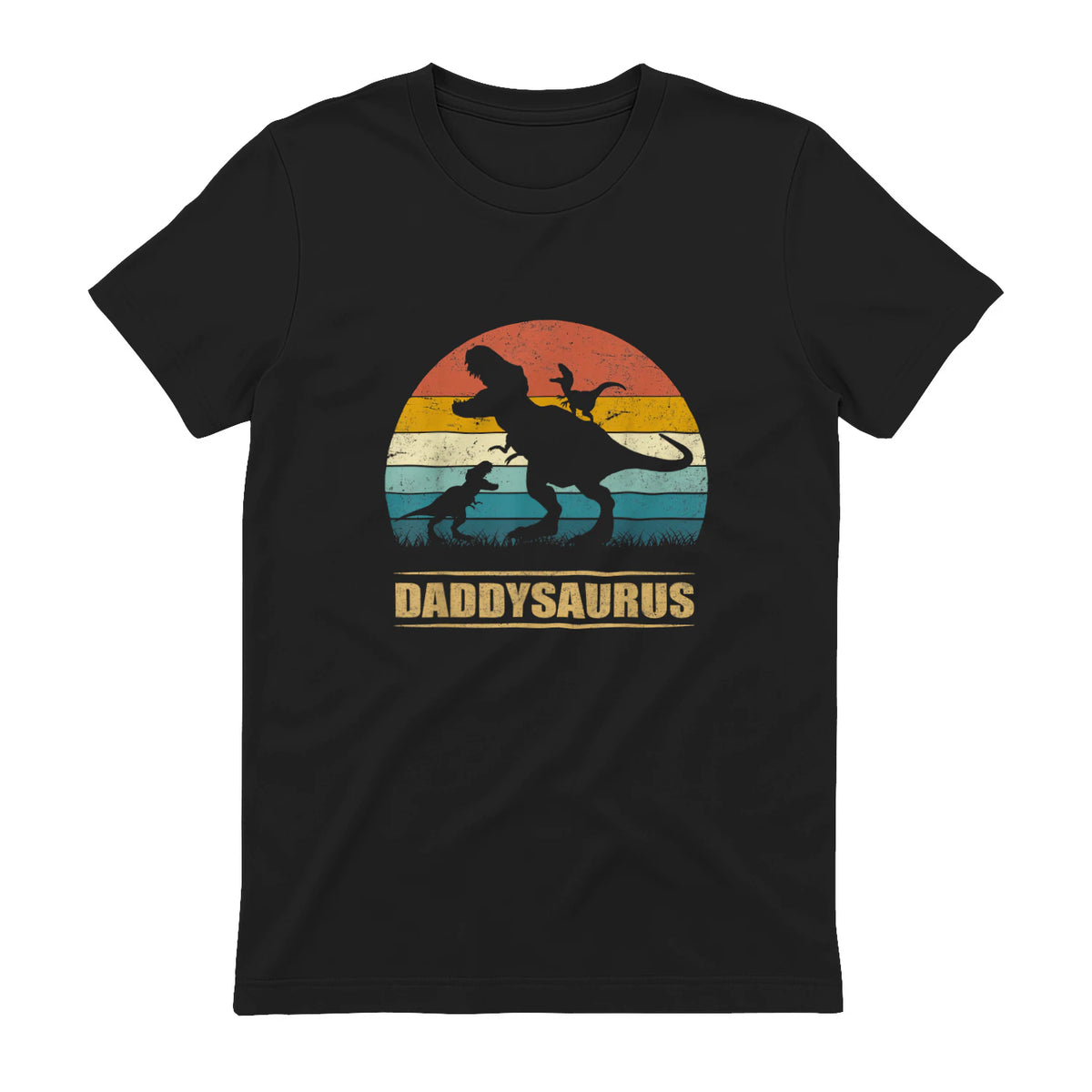Daddy Dinosaur Daddysaurus Two Kids Funny Father's Day T-Shirt in Black - back view