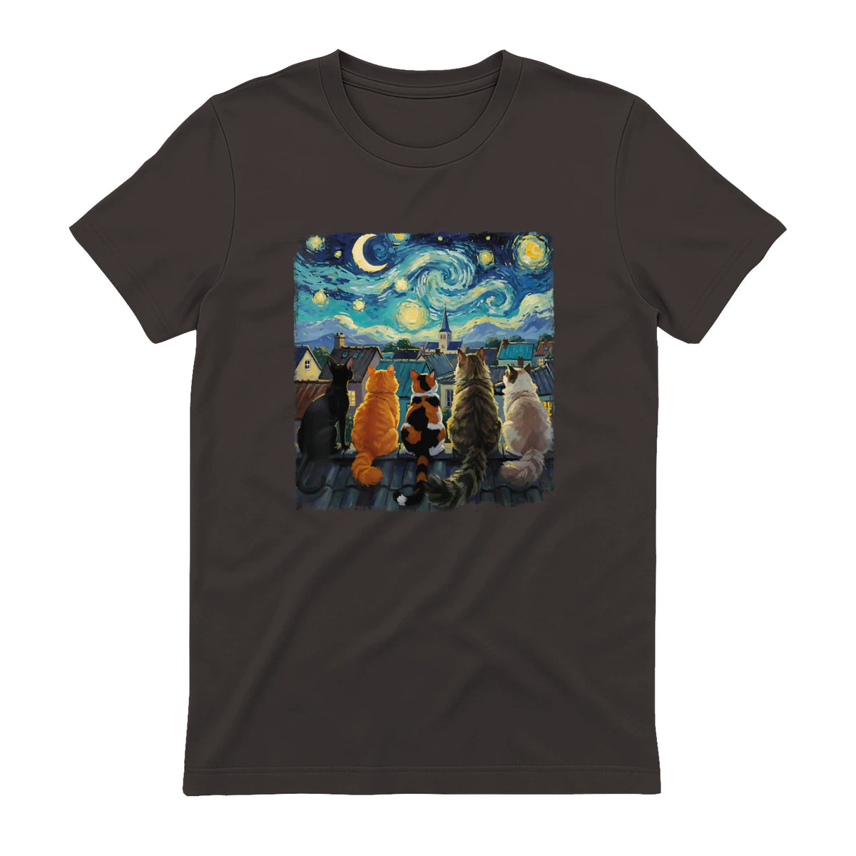 Funny Cat Starry Night Van Gogh Cats Rooftop Scene Feline T-Shirt in Dark Chocolate - back view