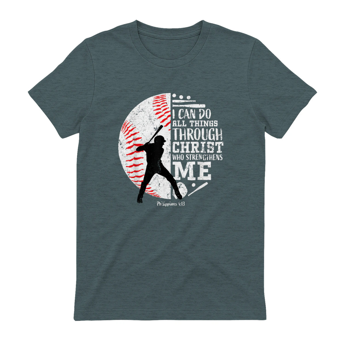 Philippians Four Thirteen Baseball Player Graphic with Bible Verse T-Shirt in Dark Heather - back view