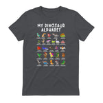 Types Of Dinosaurs Alphabet Dino Identification T-Shirt in Charcoal - back view