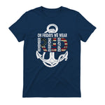 On Fridays We Wear Red Remember Everyone Deployed Navy T-Shirt in Navy - back view