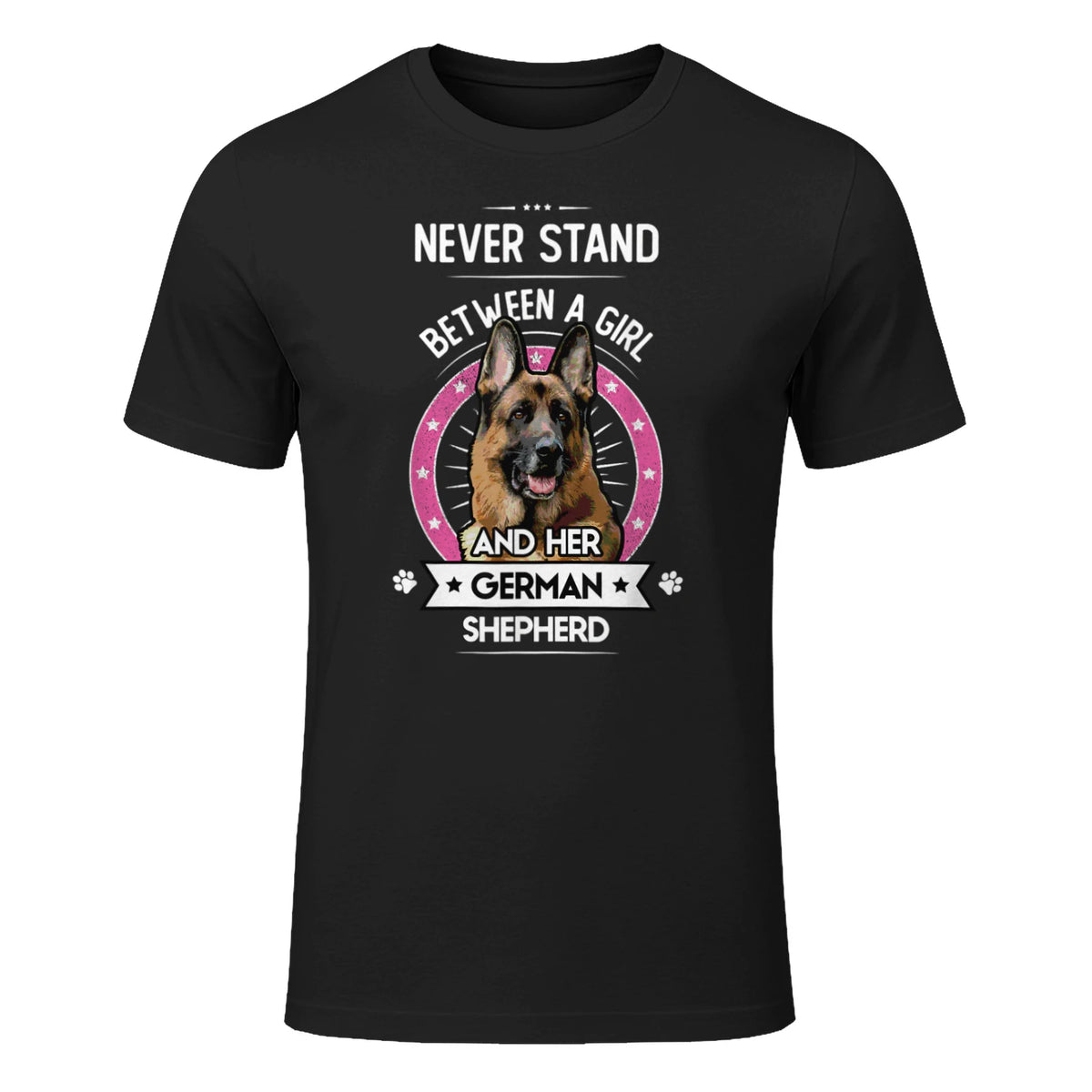 Never Stand Between A Girl and Her German Shepherd Gift T-Shirt in Black - front view