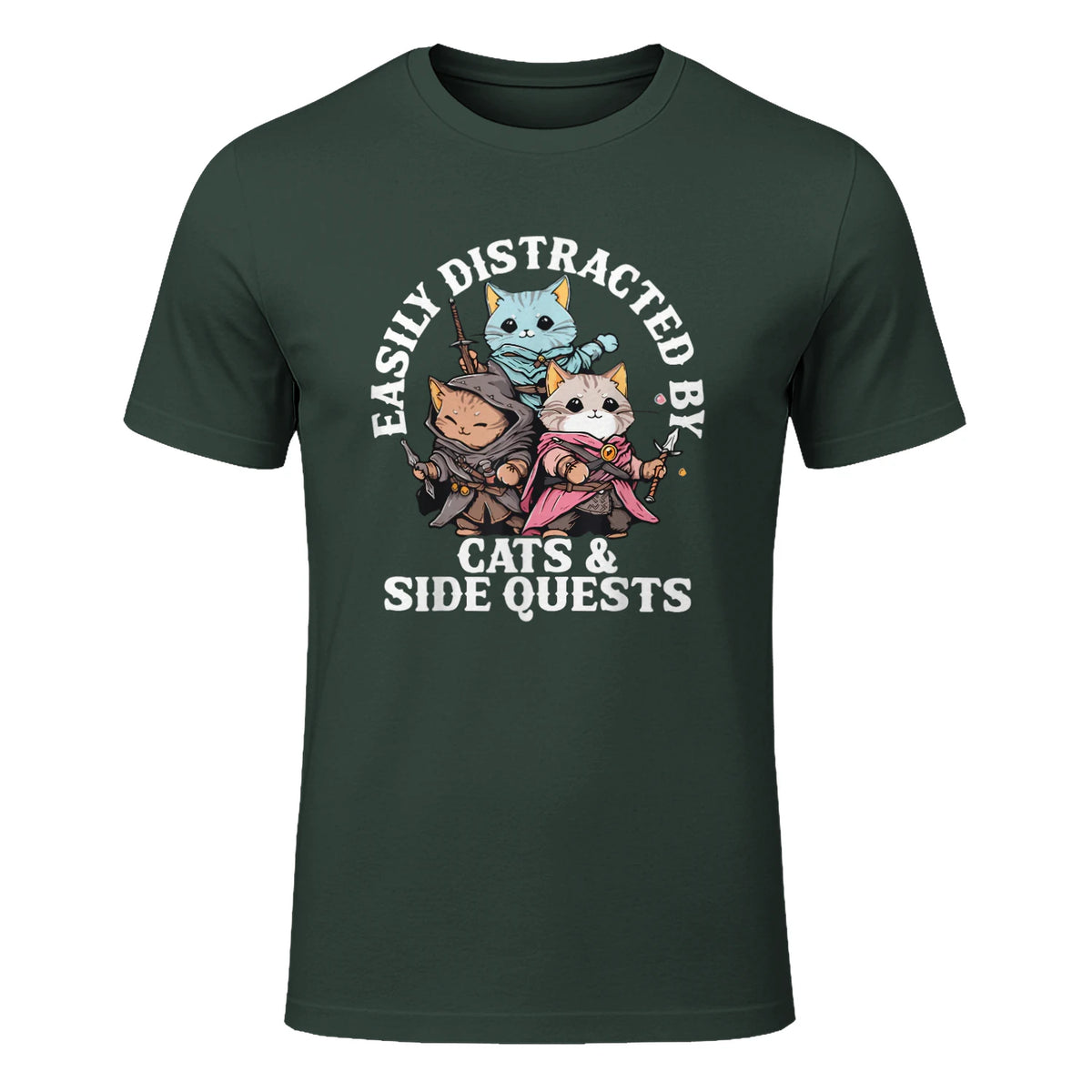 Cats Side Quest Funny Tabletop T-Shirt in Forest Green - front view