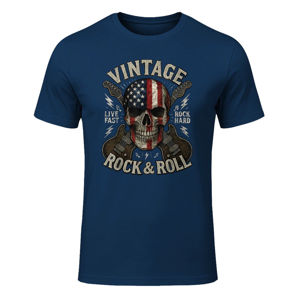 Vintage Rock Skull American Flag Guitar Retro Rock and Roll T-Shirt in Navy - front view