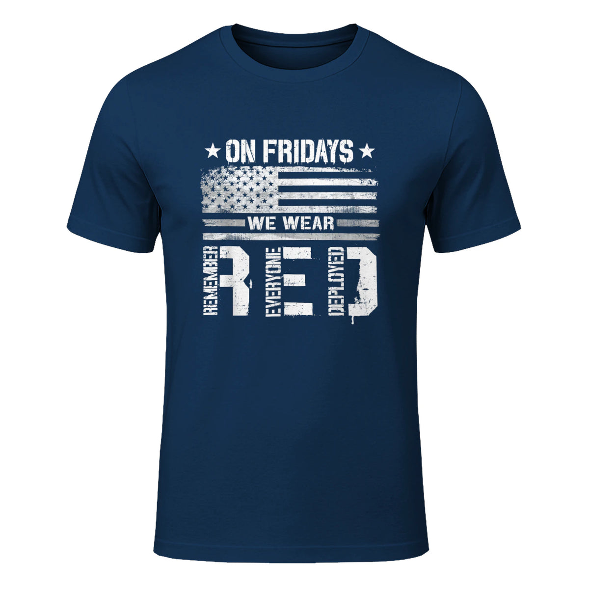 On Friday We Wear Red American Flag Military Supportive T-Shirt in Navy - front view