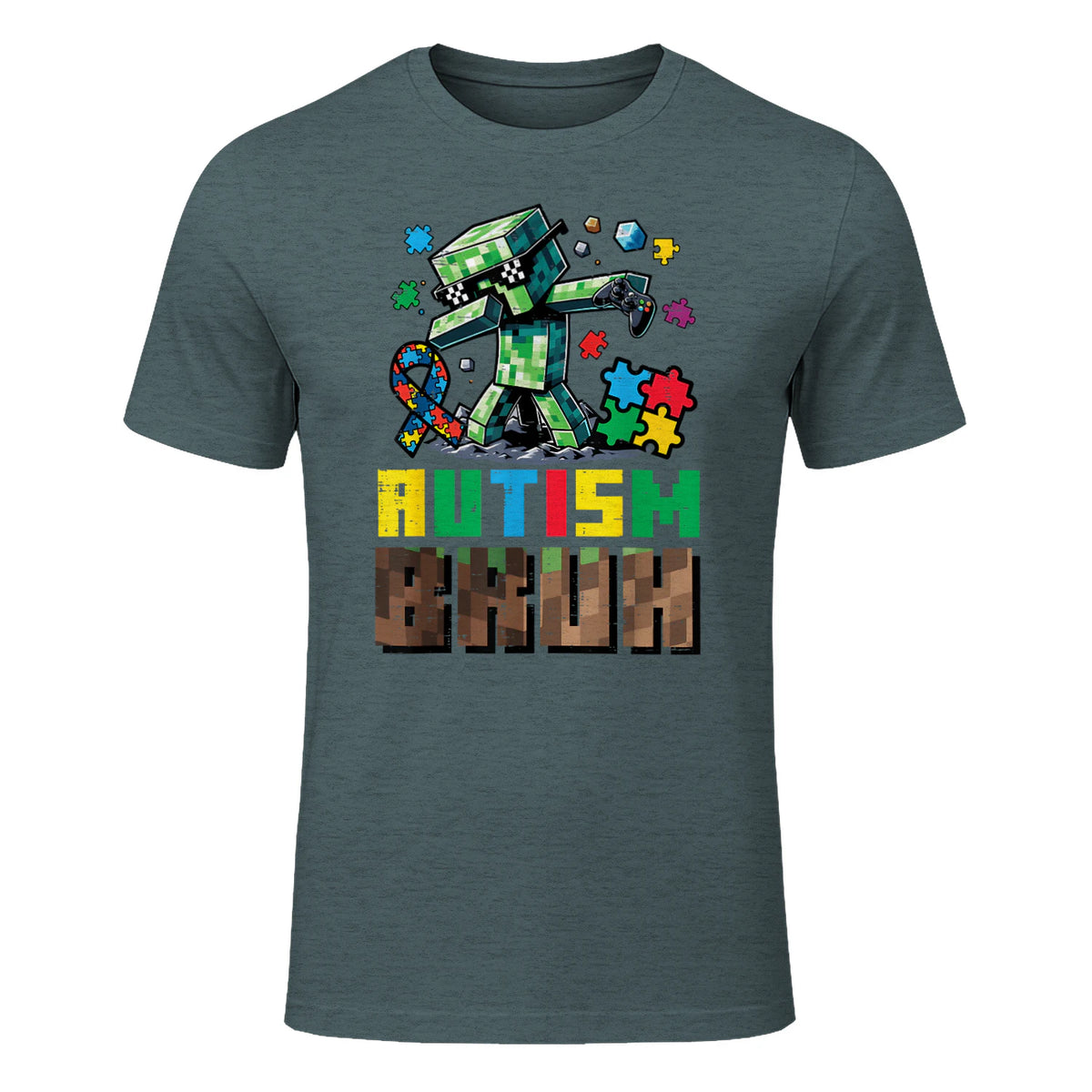 Autism Bruh Dab ASD Awareness Gamer Boys Kids Youth in Dark Heather - front view