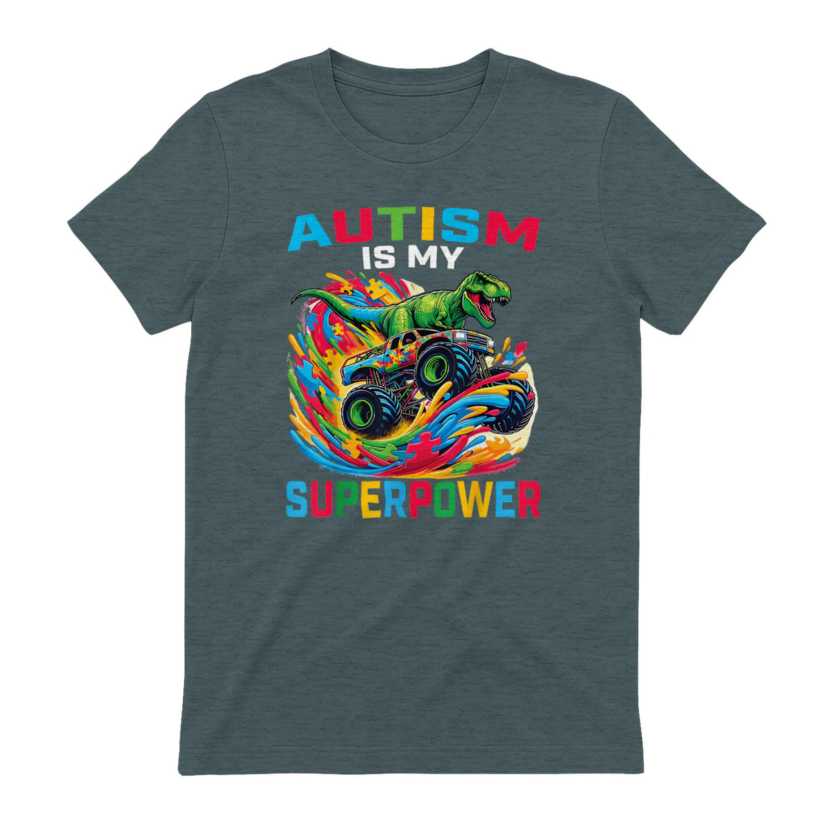Autism is My Superpower Dino T Rex Monster Truck Kids Boys in Dark Heather - back view