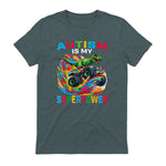 Autism is My Superpower Dino T Rex Monster Truck Kids Boys in Dark Heather - back view