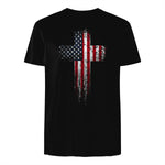 American USA Flag Christian Cross T-Shirt in Black - back view