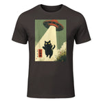Vintage Japanese Cat Alien Cat Dad UFO Abduction Graphic Tee T-Shirt in Dark Chocolate - front view