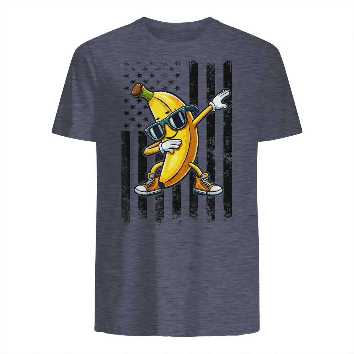 Dabbing Banana Retro American Flag Banana Lover Boys Kids T-Shirt in Heather Navy - back view