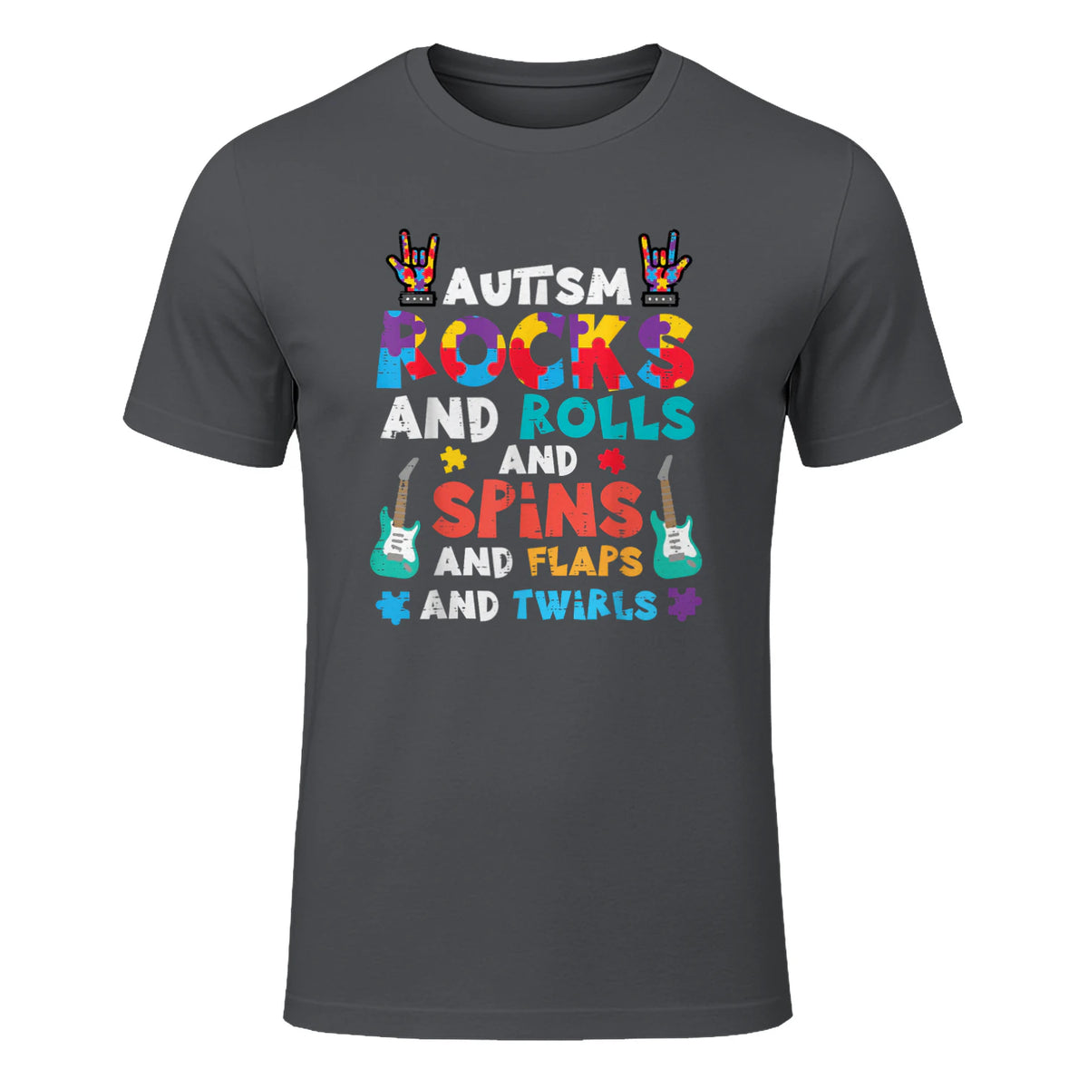 Autism Rocks Rolls Spins Flaps Awareness Boys Kids Women Men in Charcoal - front view