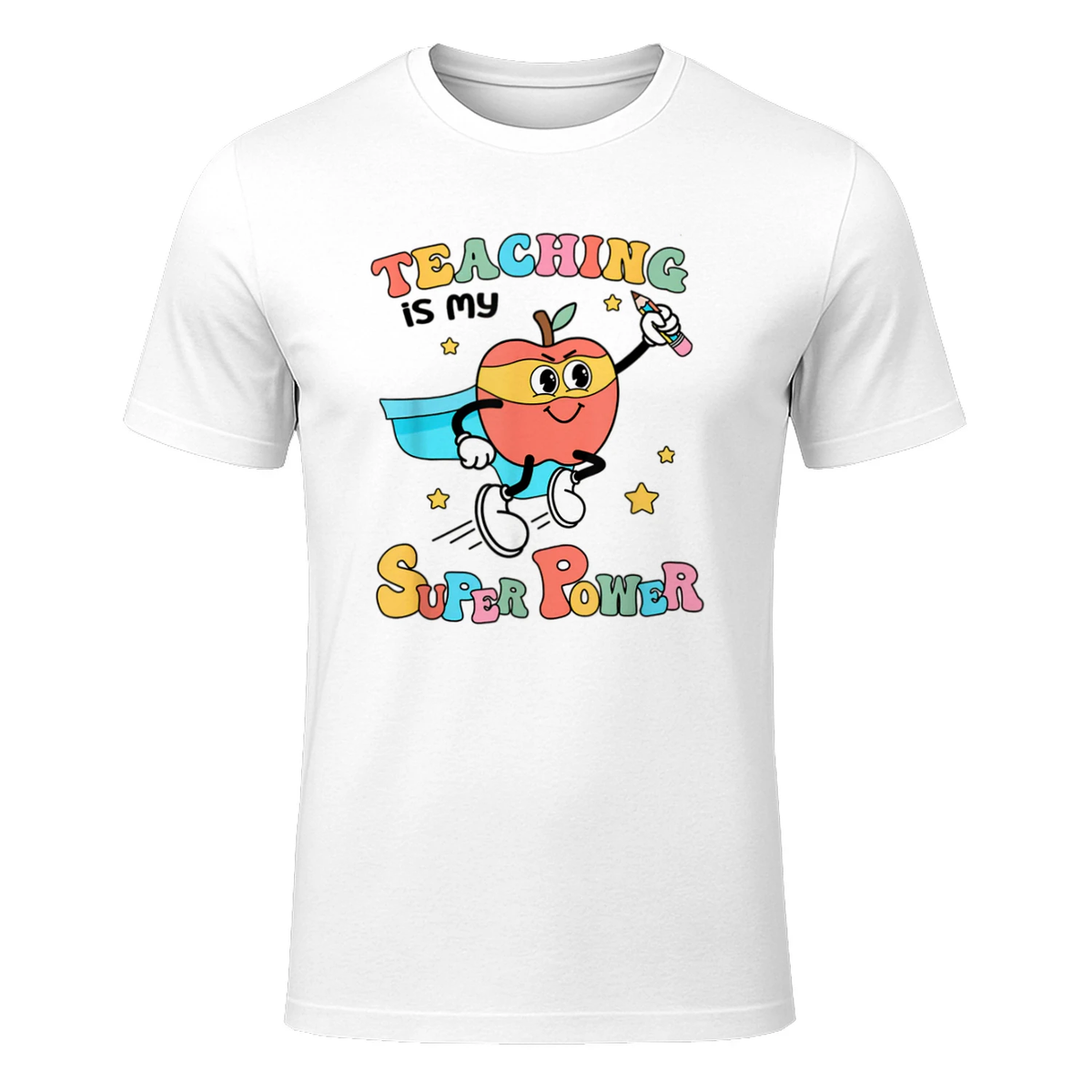 Retro Teaching is My Superpower Apple Teacher Appreciation T-Shirt in White - front view