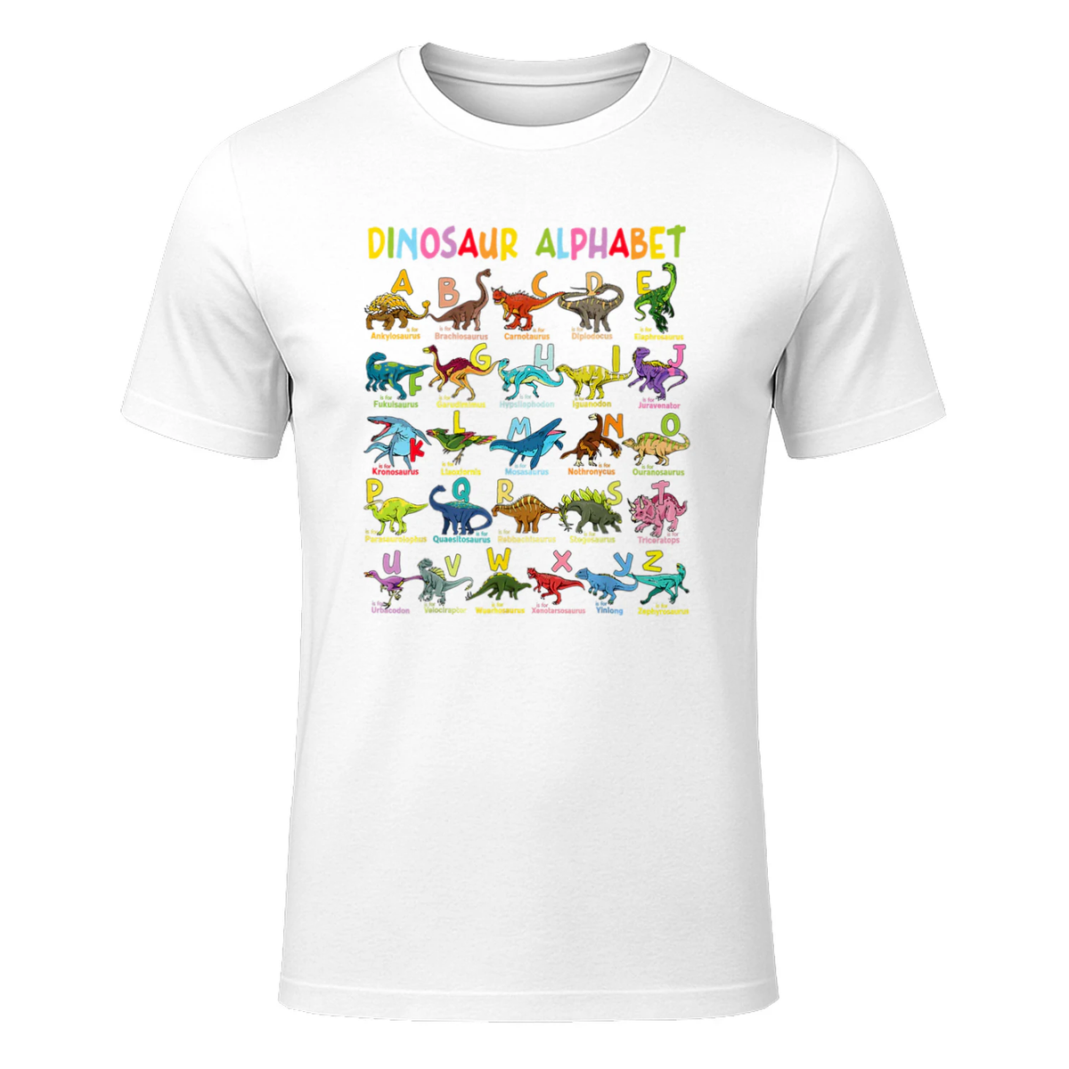 Types of Dinosaurs Alphabet A-Z ABC Dino Identification T-Shirt in White - front view