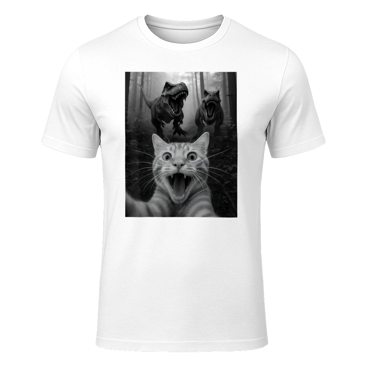 Cat Selfie with T-Rex Dinosaur Funny Cat Gift Kids Men Women T-Shirt in White - front view