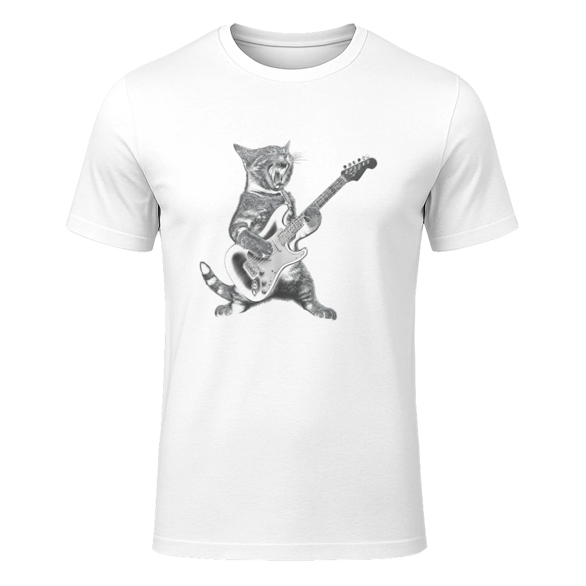 Funny Cat Playing Guitar Rock and Roll Gifts Men Women Kid T-Shirt in White - front view