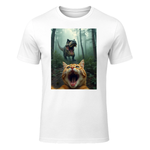 Cat Selfie with T-Rex Dinosaur T-Shirt in White - front view