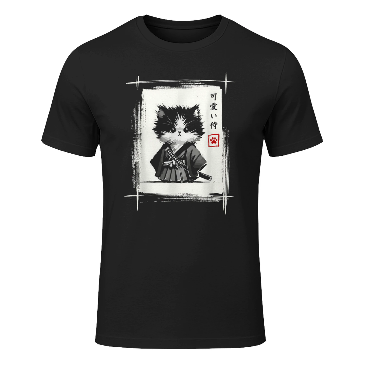 Samurai Cat Japanese Art Sumi-e Novelty Kawaii Funny Cat T-Shirt in Black - front view