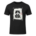 Samurai Cat Japanese Art Sumi-e Novelty Kawaii Funny Cat T-Shirt in Black - front view
