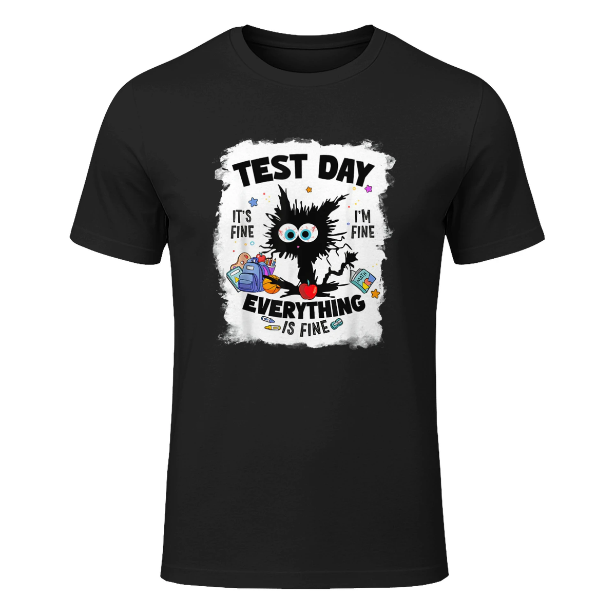 Test Day Funny Stressed Cat Teacher Student Kids Testing Day T-Shirt in Black - front view