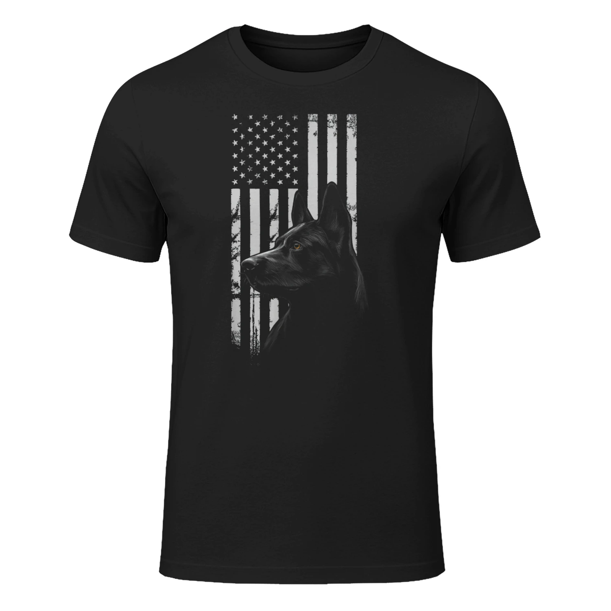 Black German Shepherd American Flag USA Flag T-Shirt in Black - front view