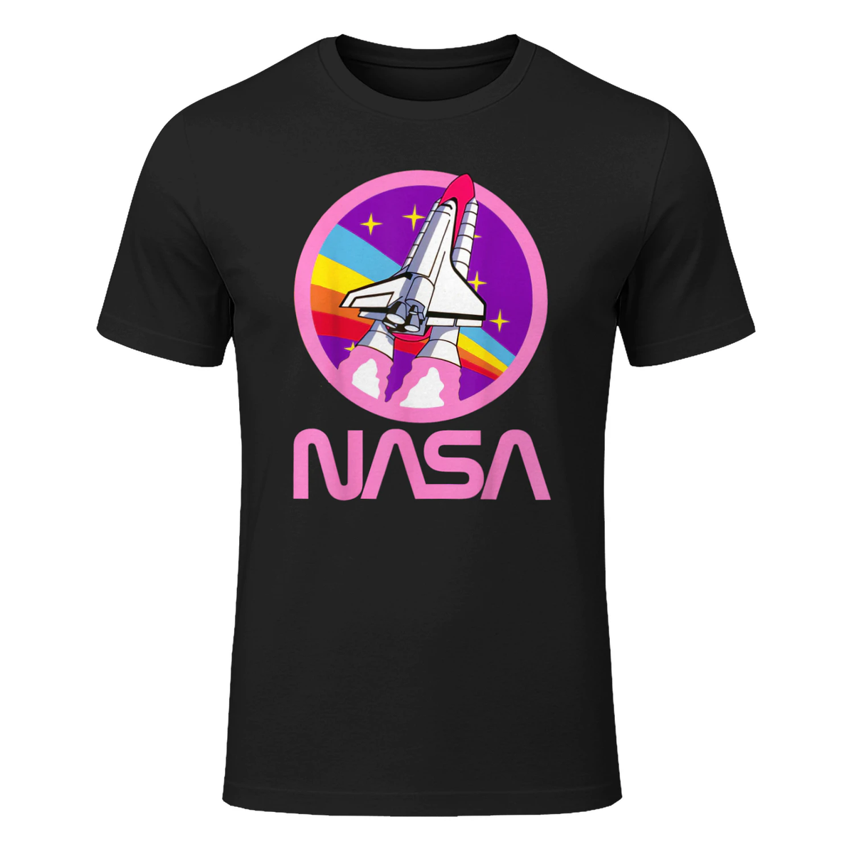 Nerdy NASA Rainbow Rocket Launch Girls Science Teacher T-Shirt in Black - front view