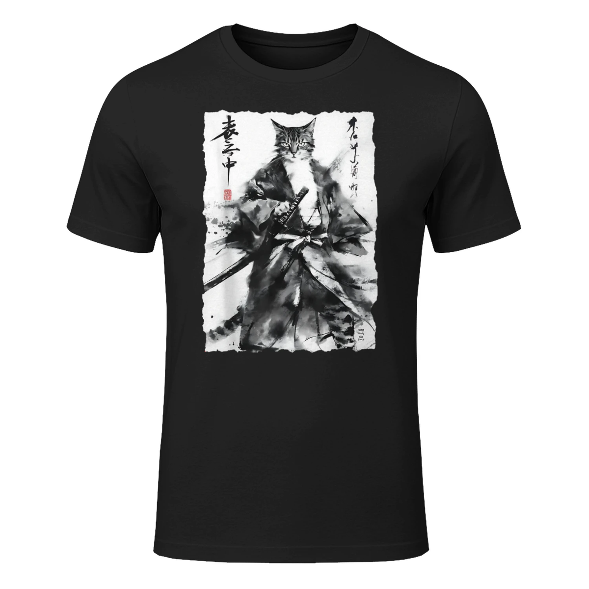 Y2K Samurai Cat Harajuku Streetwear Vintage Manga Anime Cat T-Shirt in Black - front view