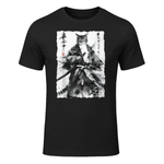 Y2K Samurai Cat Harajuku Streetwear Vintage Manga Anime Cat T-Shirt in Black - front view