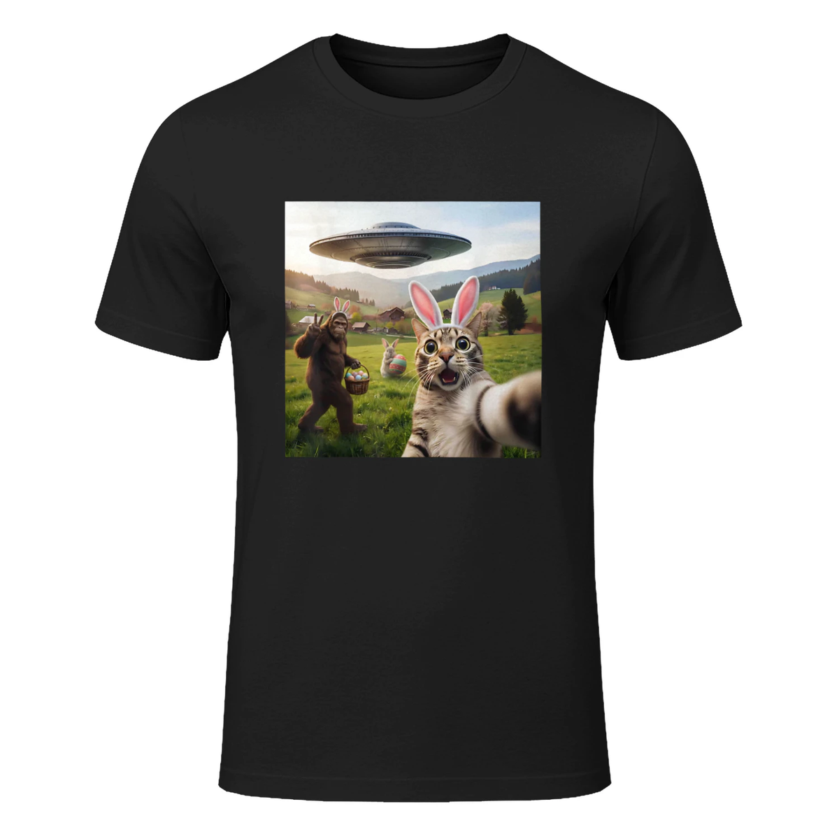 Funny Cat Selfie with Easter Bunny Bigfoot UFO for Men Women T-Shirt in Black - front view