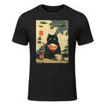 Funny Vintage Japanese Cat UFO Alien Men Women Kids Kawaii T-Shirt in Black - front view