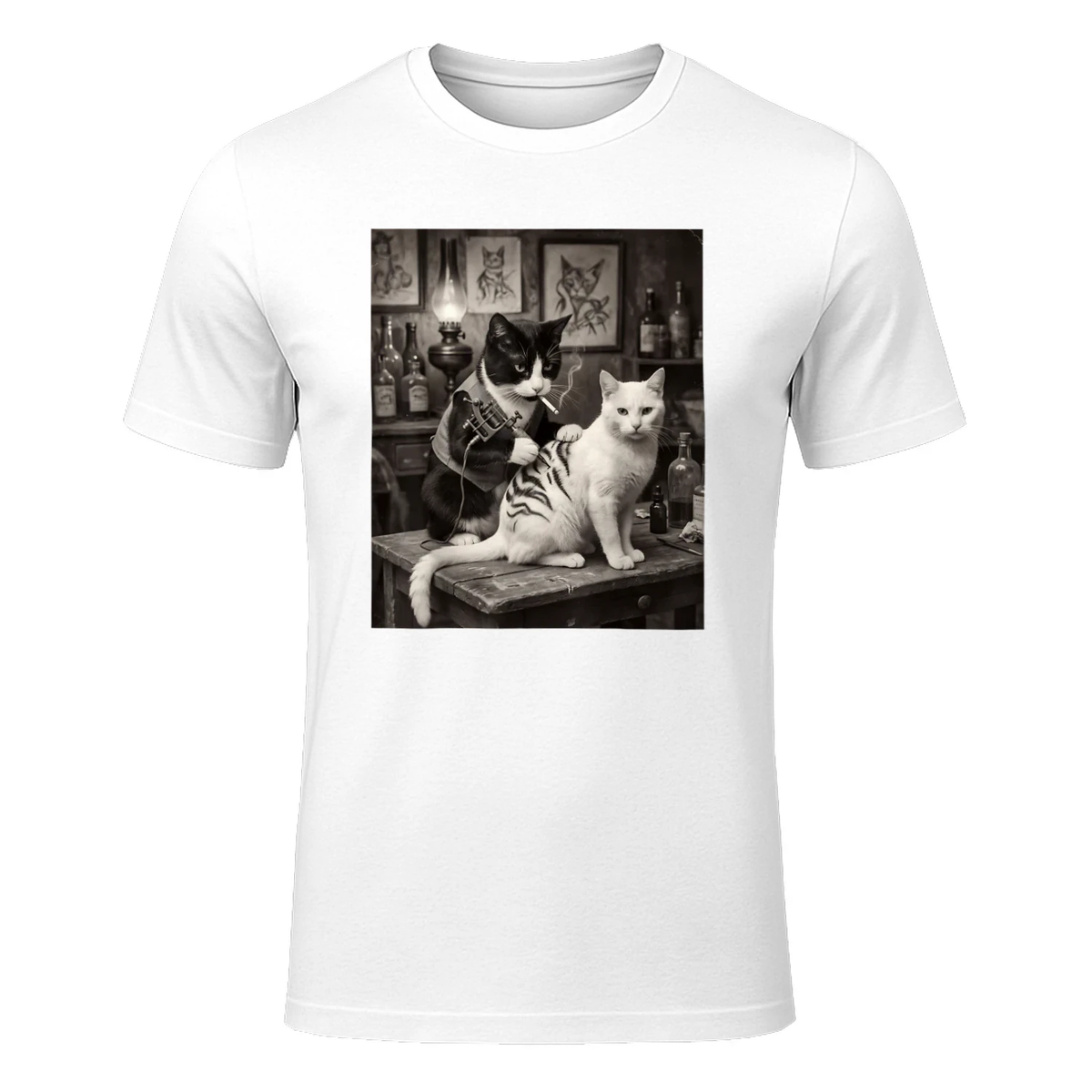 Cat Smoking Tattoo Vintage Inked Kitty Artist Funny Meme T-Shirt in White - front view