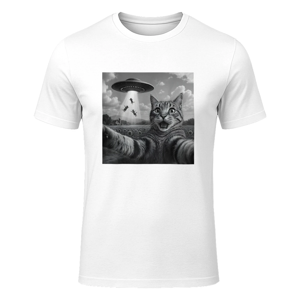 Alien Cat Selfie UFO Gifts Men Teen Boys Graphic Funny Cat T-Shirt in White - front view